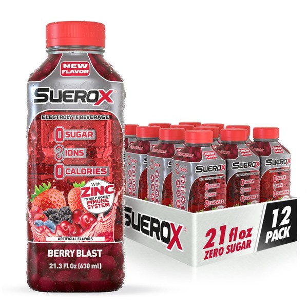 SueroX Zero Sugar Electrolyte Drink for Hydration and Recovery, Unique Blend of Electrolytes & 8 Ions, Zero Calorie Sports Drink, 21.3 Fl Oz, Berry Blast, 12 Count