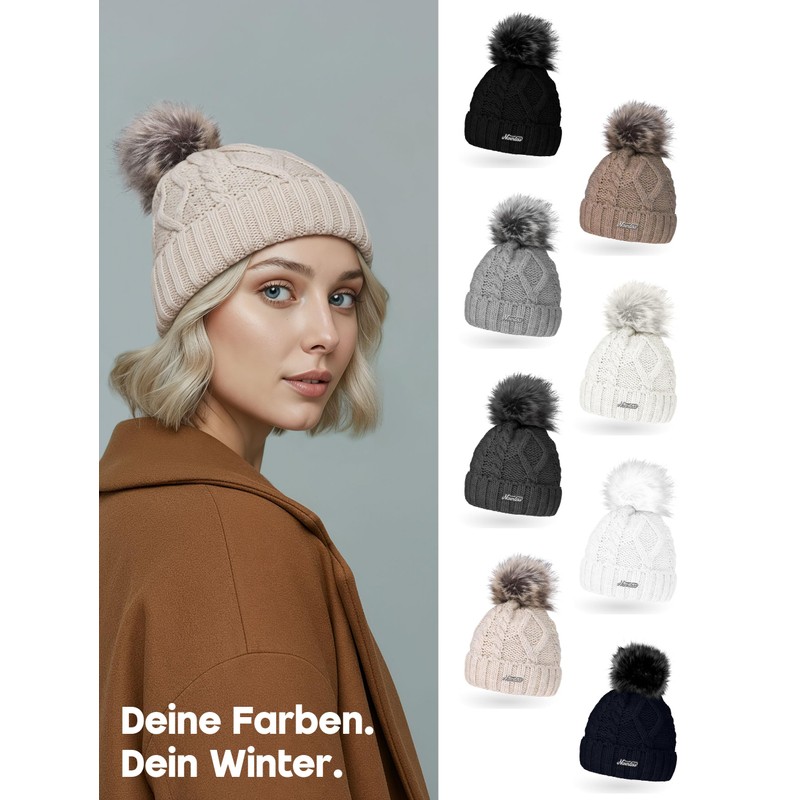 Neverless® Women's Bobble Hat with Fleece Lining Bobble Hat Knitted