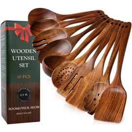 Wooden Spoons for Cooking – 10-Piece Teak Wood Cookware Utensil Set with Smooth Finish – Non-Stick, Comfortable Grip – Durable, Heat Resistant Kitchen Utensils