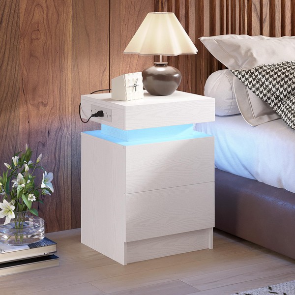 LIKIMIO Modern Nightstand with LED Lights & USB Charging,End Table