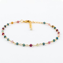 CRYSTALINES Natural Multi Tourmaline Gemstone Beads Cluster Anklet, Hand-Crafted Gold Plated Anklet, Bohemian Rosary Chain, October Birthstone, Simple Ankle Bracelet Gift for Women (9+1.50inch)