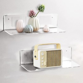 Dantolo Pack of 2 Wall Shelves, No Drilling, Floating Shelf, Wall, Transparent, Easy to Expand the Wall Area, Acrylic Shelf with Cable Clips for Bedroom, Living Room, Bathroom, Kitchen, Office