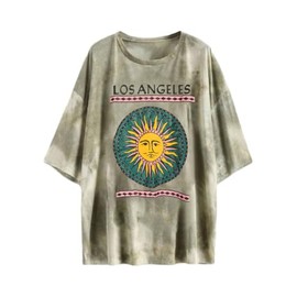Fenxxxl Women's Graphic Oversized Tees Letter Print Summer Tops Vintage Half Sleeve Loose Casual Los Angeles T Shirts F491-606-Green S