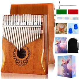 Kalimba 21 Key Mahogany Thumb Piano Beginner Set, Tuning Hammer, Anti-Vibration Storage Case, Protective Case, Katakana Scale Sticker, Gift for Kids and Adults