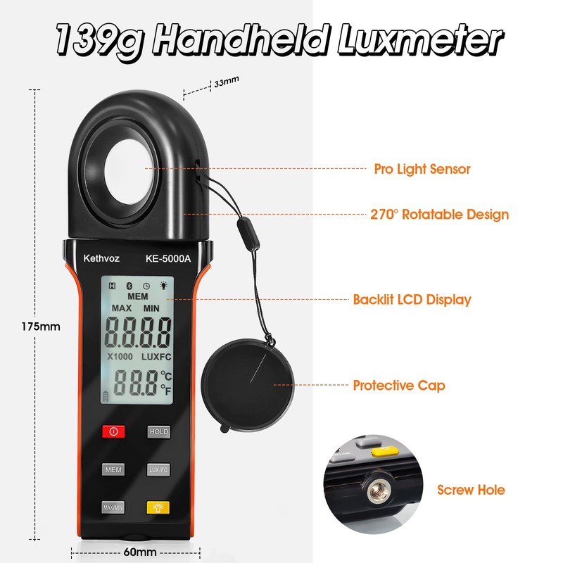Kethvoz Digital Illuminance Light Meter, 400,000 Lux/FC Illuminance Tester with