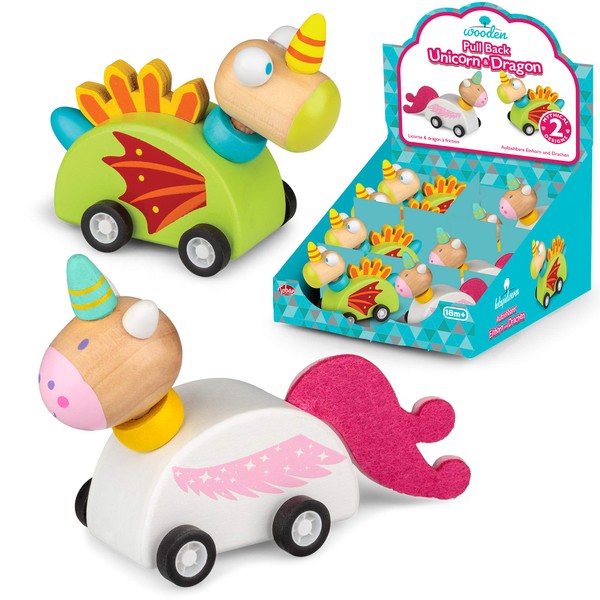 Tobar 38193 Wooden Pull Back Unicorn and Dragon, Assorted Designs
