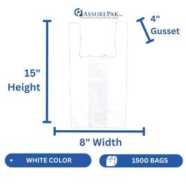 Medium Duty White Unprinted HDPE T-Shirt Plastic Bags for Retail, Groceries, Merchandise, Convenience Store, Supermarket, Restaurant - 1/10 BBL 8"X4"X15" - 1500 Bags - 14 microns - White