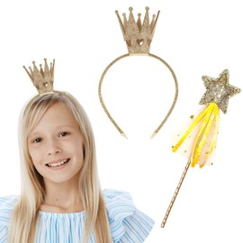 DiiWmme Princess Tiara and Fairy Wand Set for Girls Glitter Crown Star Wand Dress Up Accessories Gold Silver Shiny Birthday Party Headband Toddler Kids Costume Props (Style-1, One Size)