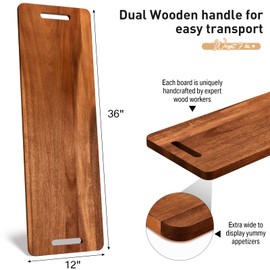 Bokon 2 Pcs 36 x 12 Inch Acacia Wooden Charcuterie Boards Acacia Serving Board with Handle Rectangular Acacia Wood Tray Wooden Serving Platter Natural Wood Server for Cheese Food (Hollow Handle)
