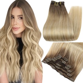 Full Shine Clip in Hair Extensions Real Human Hair 20 Inch Brown Rooted and Caramel Blonde Hair Extensions Real Hair Color 6/27/60 Hair Extensions Clip ins