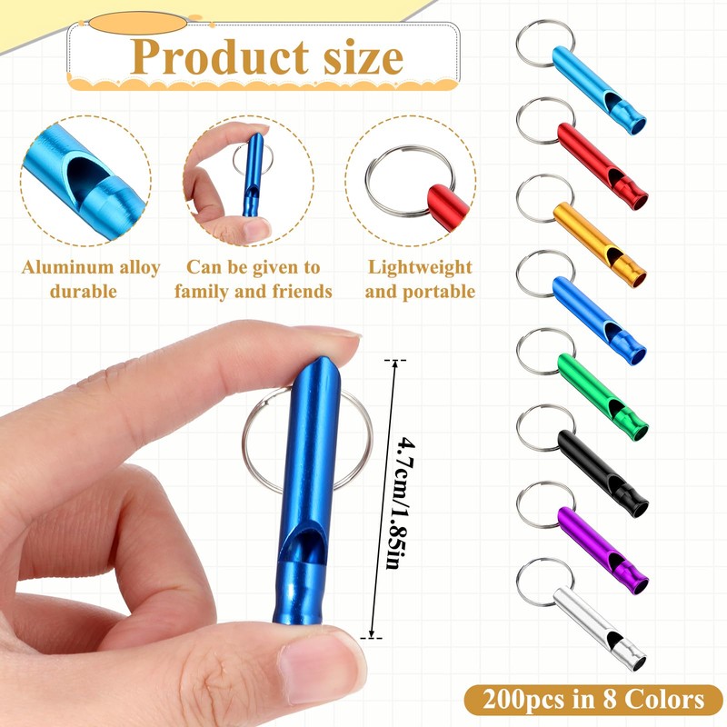 200 Pcs Emergency Whistles with Keychains, Aluminum Extra Loud Safety
