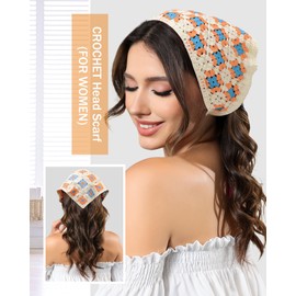 AWAYTR Crochet Head Scarf Hair Bandanas for Women Knit Bandana Headband Scarf Tie-Back Head Coverings Floral Headscarf for Girls (Orange + Blue)