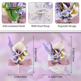 URROMA Wrist Corsage and Boutonniere Set, 1 Set Small Calla Lily Purple Hand Flower for Prom Artificial Wedding Bracelet for Wedding Party Prom