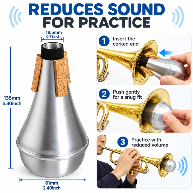 Aluminum Trumpet Straight Mute for Music Practice – Portable Silver