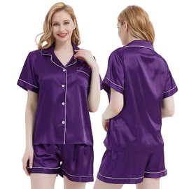 NANJUN Womens Silk Satin Pajamas Short Sleeve Sleepwear Bride Soft Button Down Loungewear 2 Piece Pjs Set XS-3XL(Purple01, S)