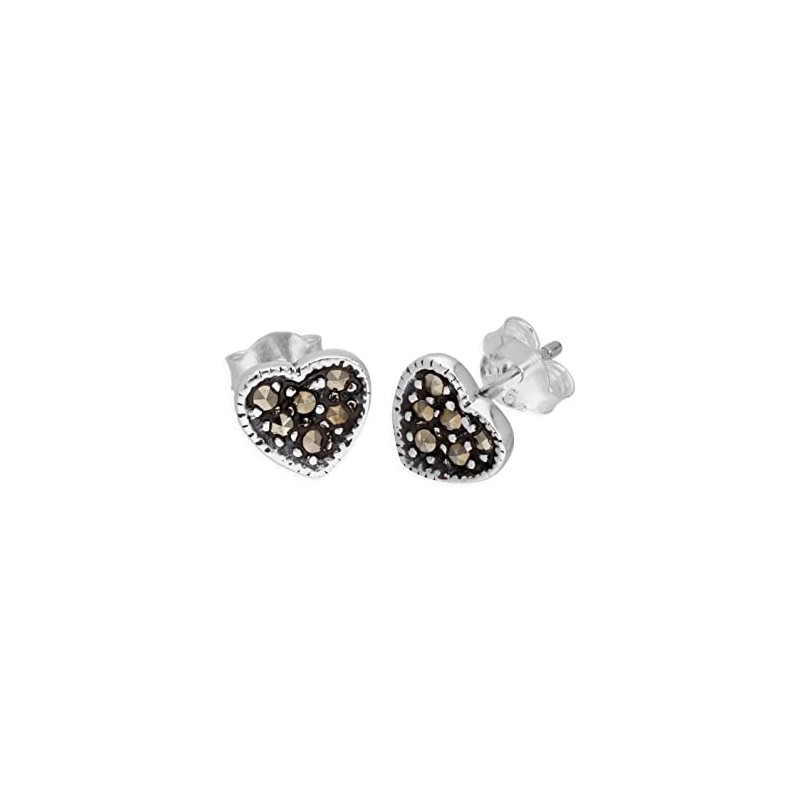Sterling Silver & Marcasite Heart Stud Earrings