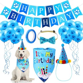 Dog Birthday Party Supplies, EYLEER Puppy Dog Birthday Bandana Scarf Bib Hat Bow Tie Set with Birthday Party Decoration Balloons Happy Birthday Banner (Blue)