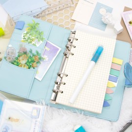 6 Ring Binder Journal with 4 Different Paper Styles, 2 Sets of Labels and 5 Paper Dividers, 5 PP Zipper Bags, 1 ruler, Aesthetic & Fashionable Stationery Gift for School, A6 Cuadernoo(Blue)