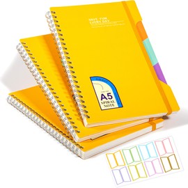CAGIE Spiral Notebook 5x7 College Ruled 3 Pack, Lined Notebooks for School Work and Notes 240 Sheets in Total, 3 Subject Hardcover Small Spiral Notebook With Multicolor Stickers, Yellow