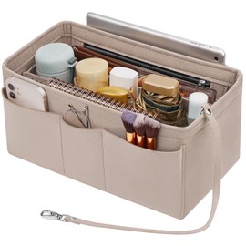 Enbagold Handbag Organiser Felt Bag Organiser for Women Handbag, Bag Organiser Shopper with Multiple Pockets, Inner Pocket for Handbags, Beige, L