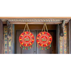 Set of 2 Round Elephant Mat Sequence Work Wall Door Hanging Toran with Tassel for Home Office Wedding Party Festive Rajasthani for Indian Traditional New Year Decoration (Multicolor)(Size-17"X17") Red