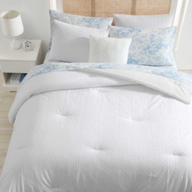 Laura Ashley - Twin XL Comforter Set, Embossed Diamond Textured Bonus Bed Set, Includes Comforter, Shams, Bed Sheets & Decorative Pillow, Dorm Essentials (Margaret White)