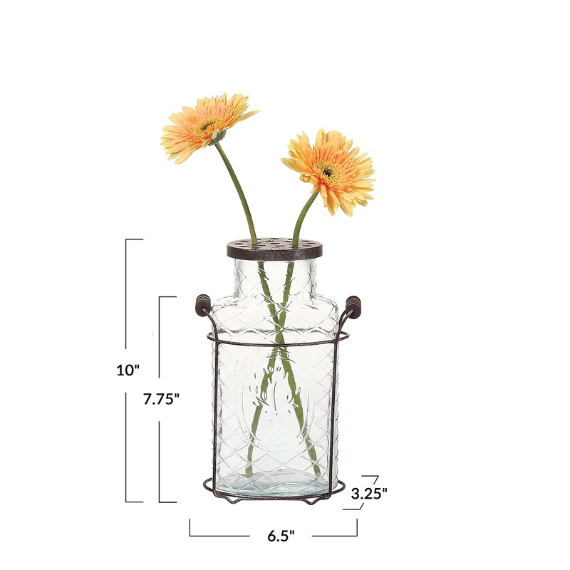 Creative Co-Op Glass vase in Metal Stand with Metal Frog