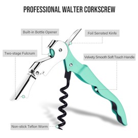 Soft Velvet Touch Waiters Double Hinge Corkscrew Wine Key Bottle Opener，Heavy Duty Waiter Corkscrew, Foil cutter and Bottle Opener,2-pack (2, Mint Green)