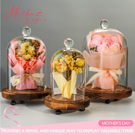 ZEERSHEE Set of 3 Glass Bell Shape Dome with Wooden Base(4.5''/3.7''/3''), Clear Decorative Glass Dustproof Dome with Handle for Home Party Wedding Decor