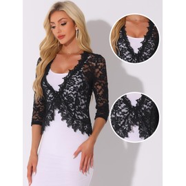 Allegra K Floral Lace Shrugs for Women's Evening 3/4 Sleeves Formal Elegant Bolero Cardigan Black X-Large