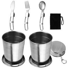 2 Pezzi Tazza Pieghevole in Acciaio Inox, Bicchiere Telescopico, Posate Pieghevoli per Viaggio, Campeggio