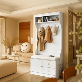 NicBex Hall Tree with Bench and Shoe Storage - 6-in-1 Entryway Bench with Coat Rack, 7 Hooks, Adjustable Shelf & Shoe Cubbies, Rustic Wood Organizer Furniture for Mudroom, Hallway & Entryway, White