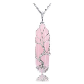 CrystalTears Rose Quartz Healing Crystal Stone Necklace Tree Life Wire Wrapped Natural Hexagonal Crystal Points Pendant Necklace Jewellry Mothers Day Gifts for Mum Women Her Wife