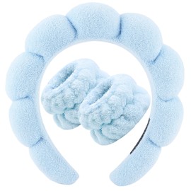 Zkptops Spa Headband for Washing Face Wristband Set Sponge Makeup Skin Care Terry Cloth Bubble Soft Get Ready Light Blue Hairband Women Girls Puffy Padded Headwear Non Slip Thick Hair Accessory
