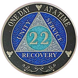 (Years 1-50) 22 Year AA Recovery Silver Color Plated Glitter Medallion, Black Rainbow, Blue, Silver Glitter Coin, Epoxy Covered (AA 22 Year Glitter Medallion)