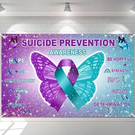 Ticuenicoa - Banner de concienciación sobre prevención del suicidio, 70.8 x 43.3 pulgadas, diseño de mariposa púrpura y verde azulado, mensaje inspirador para esperanza y apoyo