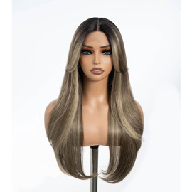 DÉBUT Ombre Ash Blonde Synthetic Lace Front Wigs with Curtain Bangs, Highlight Light Brown Blond Long Straight Layered Wigs with Bangs, Middle Part with Natural Hairline 26 Inches Wigs for Women