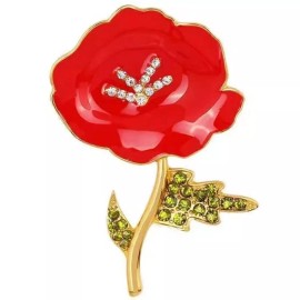 unbrandedd Red Enamel Poppy Brooch with Green & Clear Crystals Gold Tone