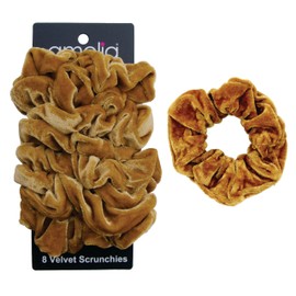 Amelia Beauty, Tan Velvet Scrunchies, Medium 3.5in, Gentle on Hair, Strong Hold, No Snag, No Dents or Creases. 8 Pack