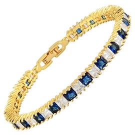 RIZILIA Ice Cubes Tennis Bracelet [18cm/7inch] with Princess Cut Gemstones CZ [Blue Sapphire] in 18K Yellow Gold Plated, Simple Modern Elegance
