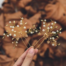 Ushiny Pearl Bride Wedding Hair Pins Gold Hairpiece Leaf Hair Clips Pearls Bridal Hair Accessories for Women and Girls (Pack of 2)