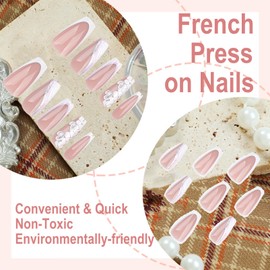 French False Nail Medium Long - 24Pcs Snake Shape Press On Nails - Pink White Stick on Nail - Removable Glue-on Nail Full Cover Fake Nails Set Women Girls Nail Art Accessories