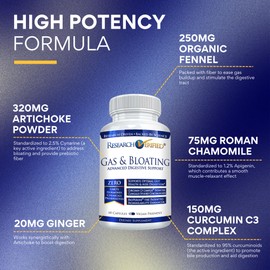 Research Verified Gas and Bloating - Relax Intestinal Muscles, Eliminate Gas Buildup - Artichoke Powder, Ginger, Peppermint Leaf Powder - 180 Capsules - Vegan