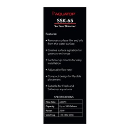 Aquatop 65 GPH Internal Surface Skimmer – for Tanks Up to 100 Gallons, Salt & Freshwater Tanks, Removes Film & Oil from Water Surface, Suction Cup Mounts for Versatile Placement, SSK-65