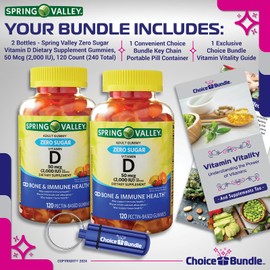 CHOICE BUNDLE Spring Valley Zero Sugar Vitamin D3 50 mcg 2000 IU Gummies for Bone & Immune Health 120 Ct 2 pk (240 Total) + Vitamin Guide and Pill Container (4 Items)!