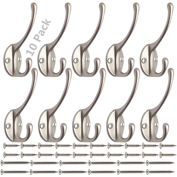 10 Pack Coat Hooks, Coat Hanger Wall Mount, Heavy Duty Retro Utility Rustic Wall Hooks with 40 Screws, Perfect for Coat, Scarf, Bag, Towel, Key, Cap, Cup, Hat (Silver)
