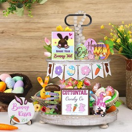 MGahyi 12 Pcs Easter Decor Wooden Bunny Trail Carrot Tiered Tray Signs Easter Tiered Tray for Easter Day Home Farmhouse Rustic Kitchen Decorations (Bunny)