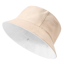 Xnova Women's Reversible Bucket Hats Cotton Foldable Fishing Hat with Wide Brim, Double-Sided UV Protection Sun Hats Unisex Summer Hats Travel Accessories for Men and Women, White-Beige