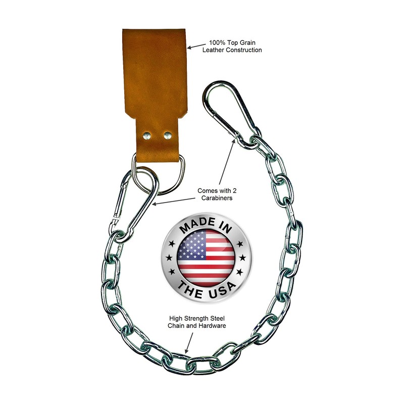 Leather Dip Belt Strap with Chain for Weight Lifting -