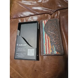 Ariat Mens Southwestern Wool Floral Tooled Leather Rodeo Wallet Checkbook Cover
